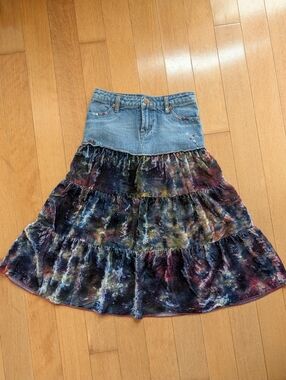 Girl's Upcycled Denim, Velour, and Embroidered Boho Maxi Skirt